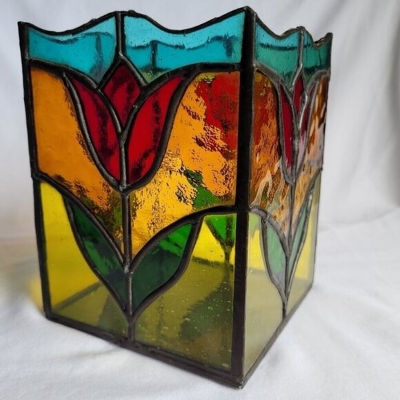 Stained Glass Tulip Box Votive  Candle Holder Storage Display Very Pretty - Picture 2 of 8